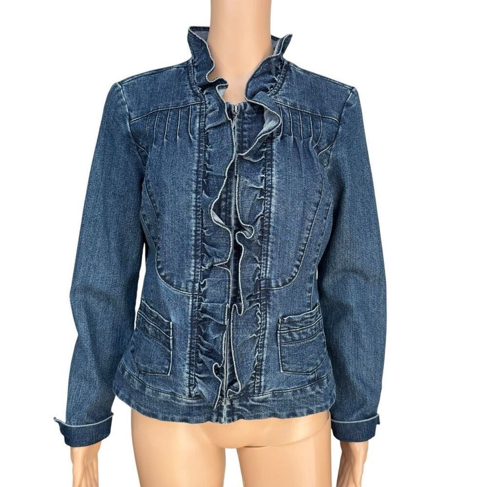 Christiana Zinn vintage Y2K Denim Jean Jacket Ruffled Zip Front Pockets size S
